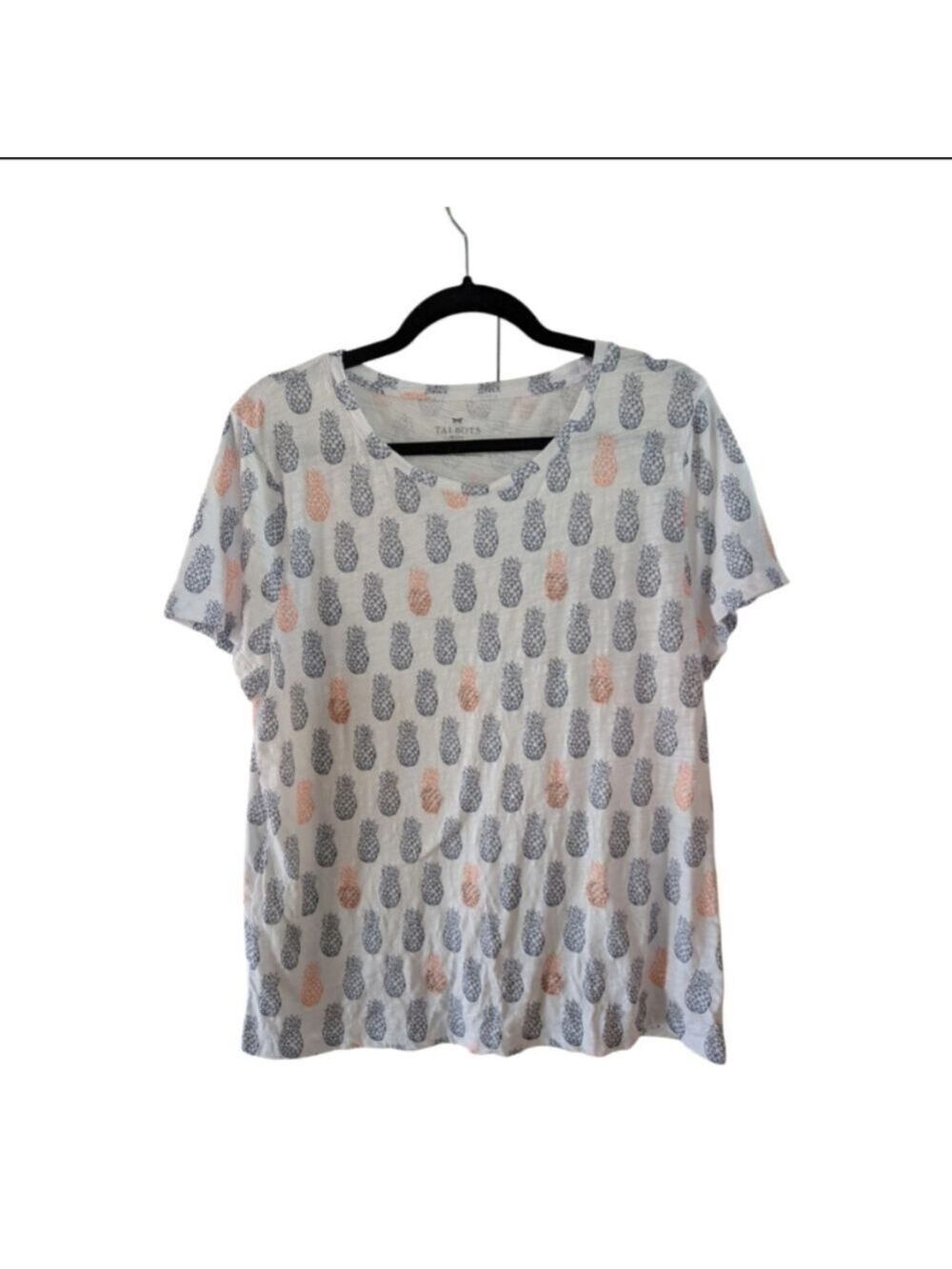 Talbots Shirt Women’s XLP Short Sleeve White Pineapples Cotton T Shirt Beaded